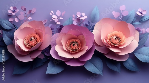 Fototapeta Naklejka Na Ścianę i Meble -  Large pink paper peonies surrounded by delicate leaves arranged beautifully on a pastel purple background