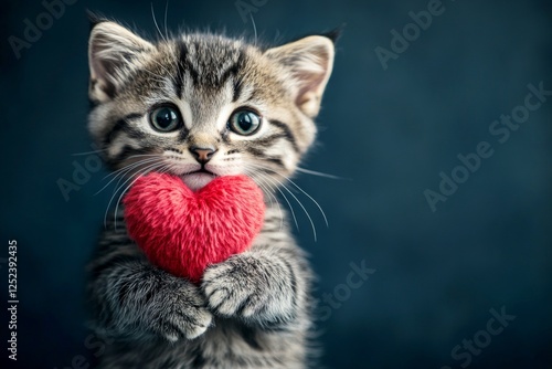 Commercial creative. American curl - my treasured cat. Cute american curl baby feline with fluffy red heart - sign of love, funny greeting card. Love valentine concept. Pet valentine image.
