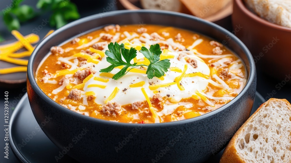 Cheesy beef soup, bread, dark background, food photography, recipe illustration