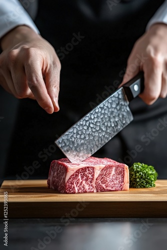 Chef Slicing Aju Beef With A Sharp Knife