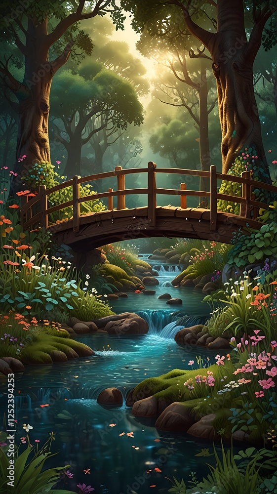 Obraz premium storybook style forest filled with hidden animals, blooming trees, and a small wooden bridge over a stream generated ai