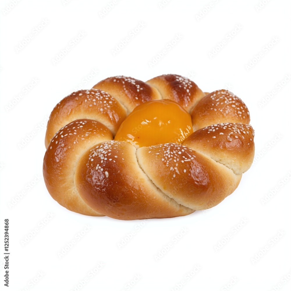 Fresh Brioche Knot with Egg Yolk Center Against White Background Fresh Brioche Knot with Egg Yolk Center Against White Background