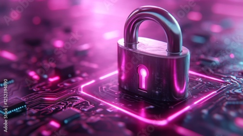High-tech Lock with Pink Light on a Circuit Board with Neon Glowing Details. Generative AI