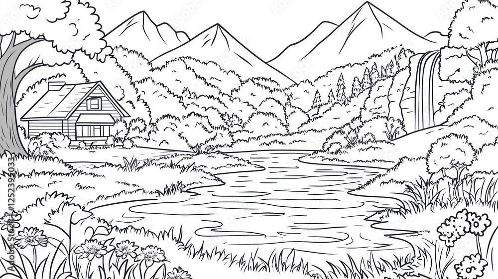 Mountain cabin by lake, waterfall background; coloring book page Mountain cabin by lake, waterfall background; coloring book page