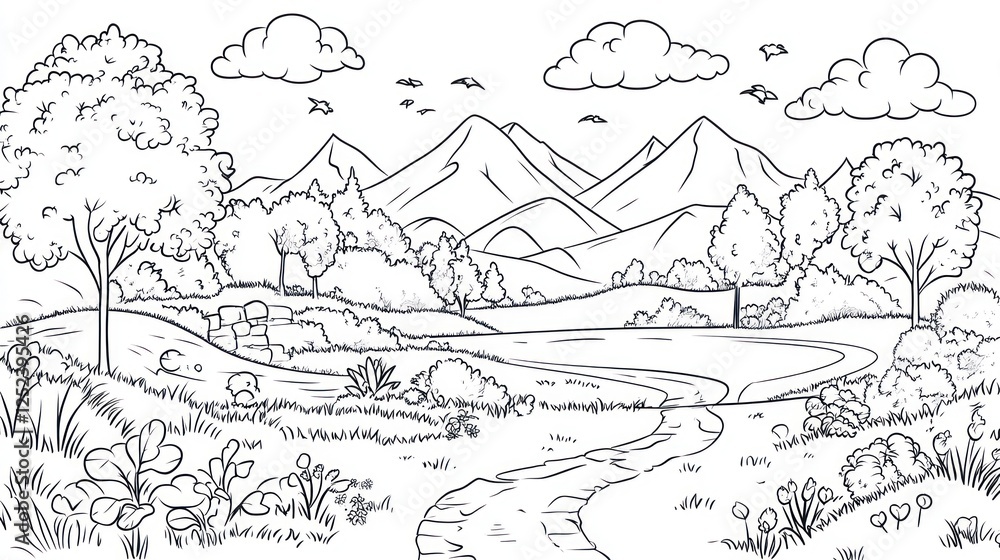 Scenic winding path, mountain landscape, birds flying, coloring page Scenic winding path, mountain landscape, birds flying, coloring page