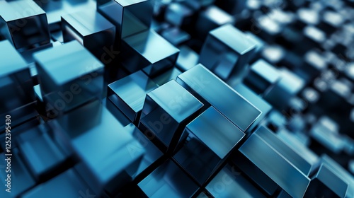 A 3D render of a grid of blue metallic cubes.