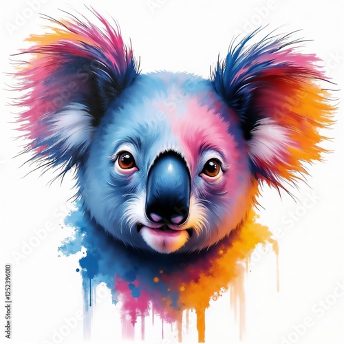 Colorful koala portrait showcasing vibrant patterns and a playful expression against a white background