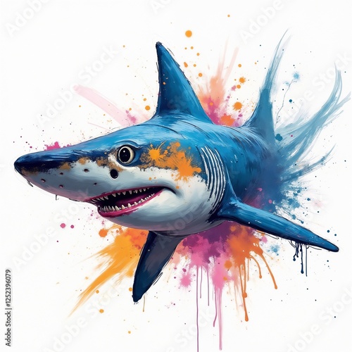 Colorful depiction of a shark with a vibrant splash of colors in a creative underwater theme photo