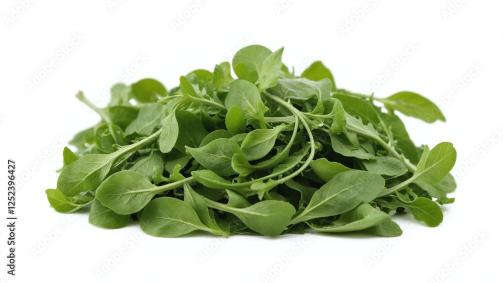 Neatly Piled Raw Arugula Leaves Isolated on Clean White Background Neatly Piled Raw Arugula Leaves Isolated on Clean White Background
