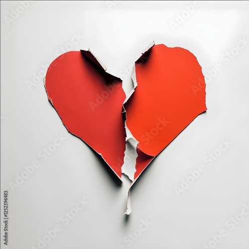 A torn red paper heart on a white background, symbolizing heartbreak or emotional pain. The ripped edges create a dramatic and expressive visual.