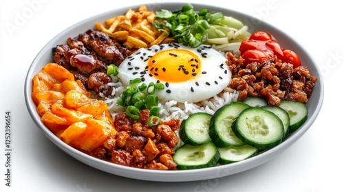 Delicious Rice Bowl with Grilled Meat Vegetables and Fried Egg. Generative AI photo