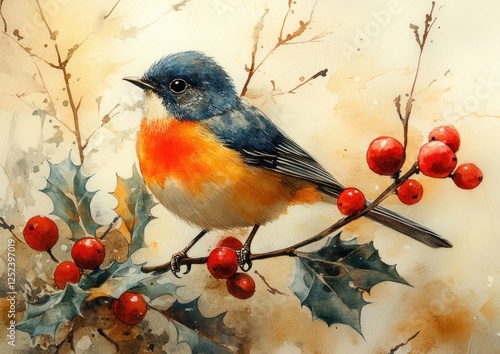 Wallpaper Mural Bullfinch Bird Watercolor Illustration on Holly Branch with Red Berries Winter Christmas Nature Art Torontodigital.ca