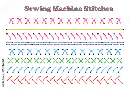 Set illustration of colorful chart showcasing various sewing machine stitches in different patterns and colors, including zigzag, straight, and decorative designs. Ideal for sewing enthusiasts and