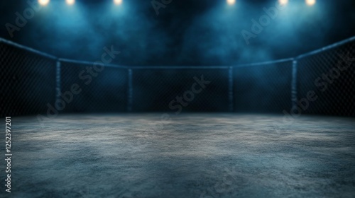 Empty MMA fighting ring with spotlight and mist on the isolated white background. Generative AI