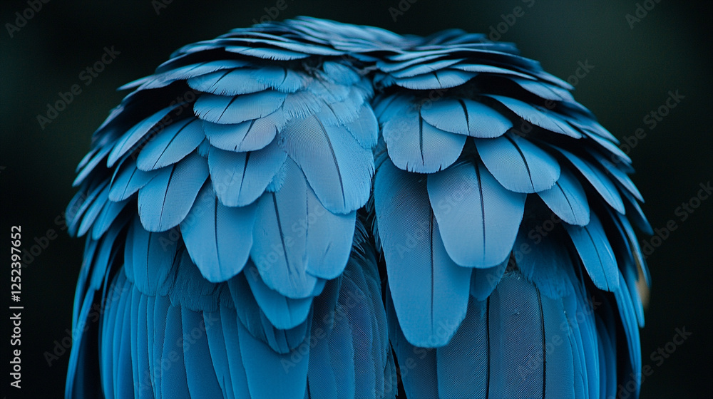 Fototapeta premium Close-up of vibrant parrot feathers showcasing intricate details and patterns, illuminated by natural light, with a blurred background and empty space for captions or design elements