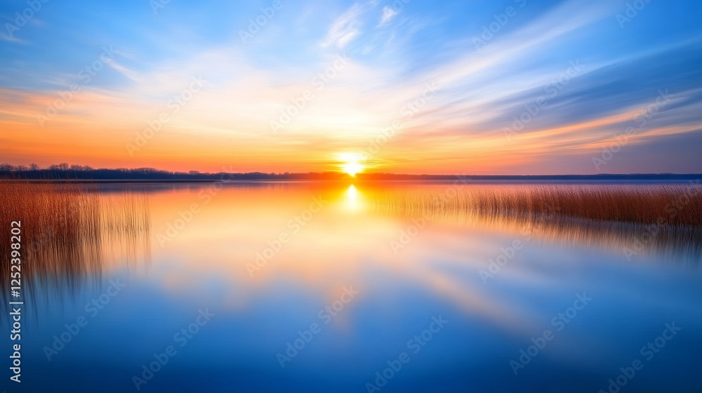 Fototapeta premium Tranquil sunset over calm lake with orange and blue sky reflection, nature relaxation concept