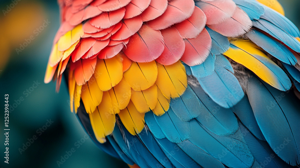 Close-up of vibrant parrot feathers showcasing intricate details and patterns, illuminated by natural light, with a blurred background and empty space for captions or design elements Close-up of vibrant parrot feathers showcasing intricate details and patterns, illuminated by natural light, with a blurred background and empty space for captions or design elements