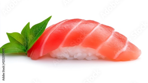 Fresh tuna sushi served with a green leaf garnish on a white plate with isolated background. Generative AI photo