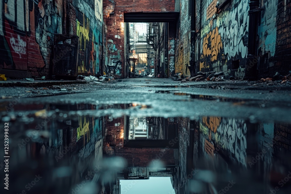 Obraz premium Graffiti alley puddle reflection urban decay