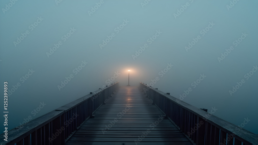 Fototapeta premium A foggy pier with a single streetlamp glowing