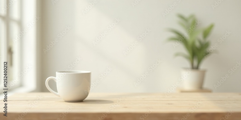 Obraz premium A serene morning scene featuring a simple white mug on a light wood surface, bathed in soft sunlight, next to a blurred potted plant, conveying a sense of calm and tranquility.