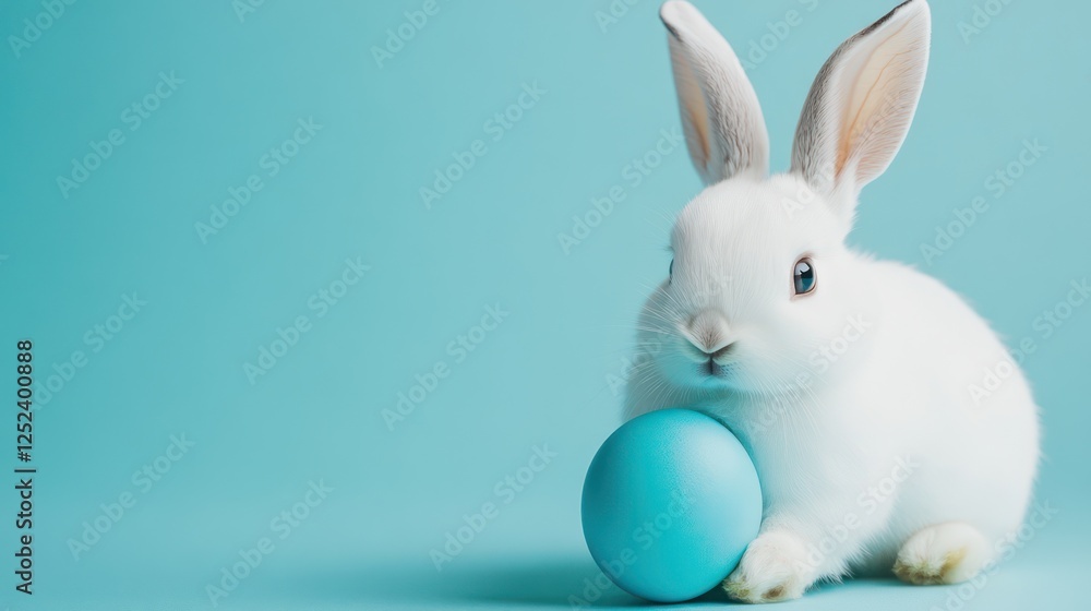 Obraz premium Easter bunny with blue egg, pastel background