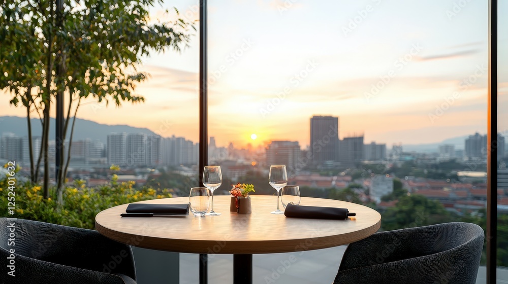 Fototapeta premium Elegant Dining with Scenic Sunset View