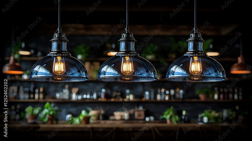 Obraz premium Three blue glass pendant lights above bar