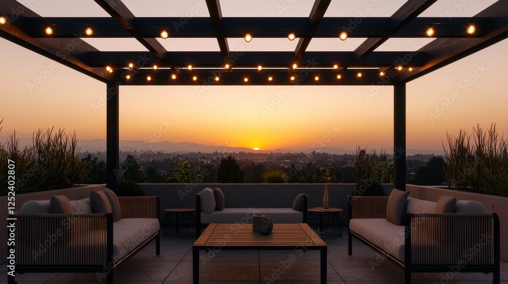 Fototapeta premium A cozy outdoor patio with comfortable seating and string lights, set against a stunning sunset backdrop.