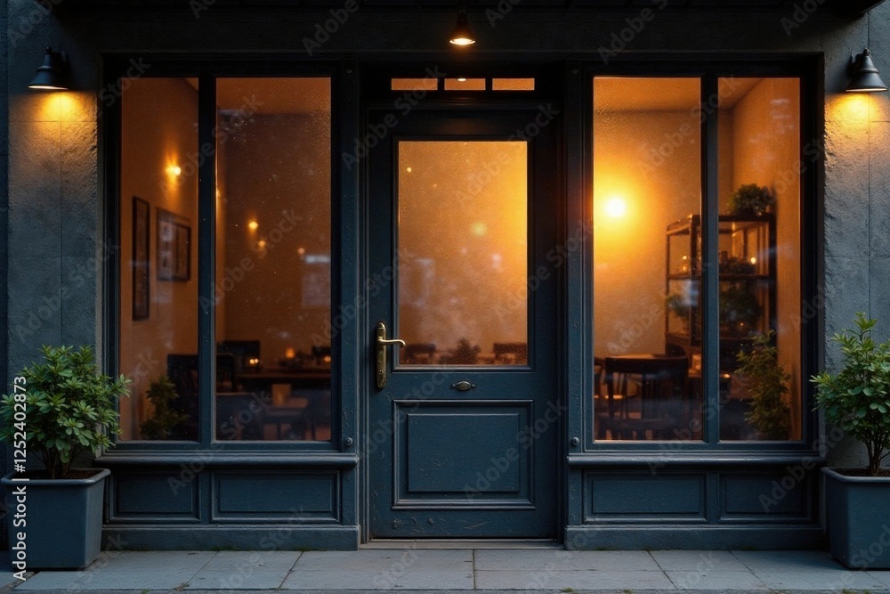 Evening ambiance of a warmly lit establishment viewed through a dark storefront Evening ambiance of a warmly lit establishment viewed through a dark storefront