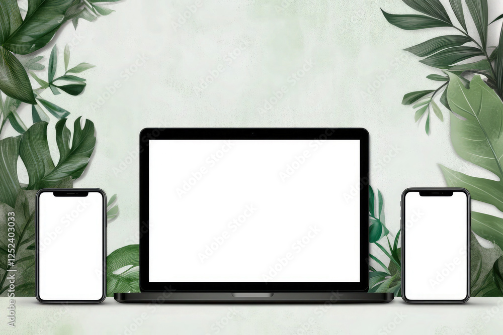 Digital Devices with Greenery Background for Design Mockups Digital Devices with Greenery Background for Design Mockups