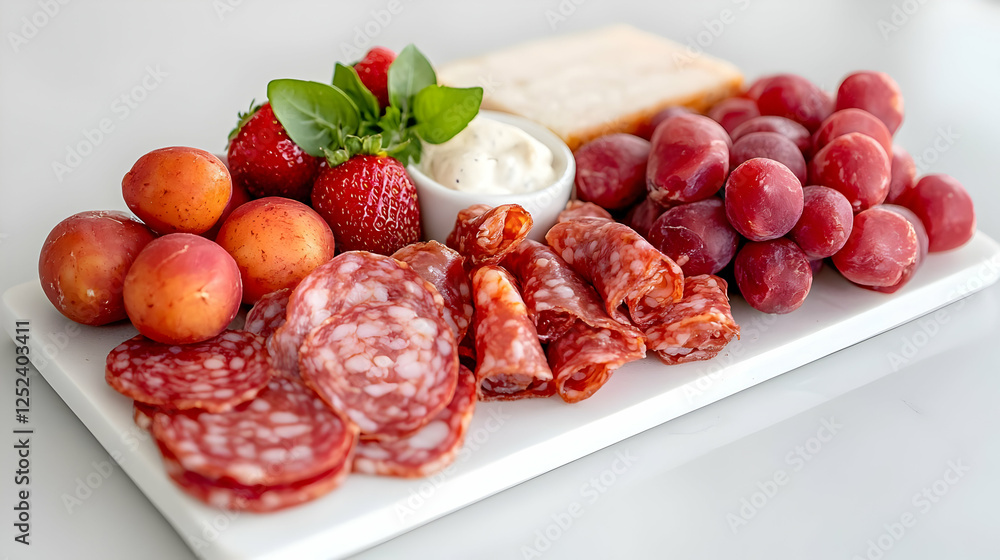 Gourmet appetizer platter with salami, fruit, and cheese Gourmet appetizer platter with salami, fruit, and cheese