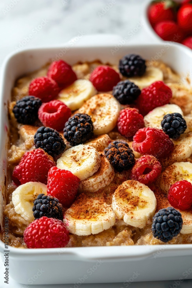 Baked oatmeal with banana, raspberries, and blackberries on a marble surface Baked oatmeal with banana, raspberries, and blackberries on a marble surface