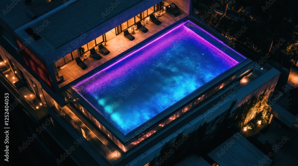 Obraz premium Rooftop infinity pool, villa, night, lights, tropical, luxury, real estate
