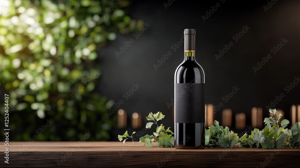 Obraz premium Elegant Red Wine Bottle on Wooden Table with Greenery