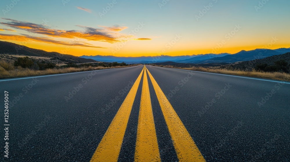 Fototapeta premium Desert highway sunset, mountains background, travel journey