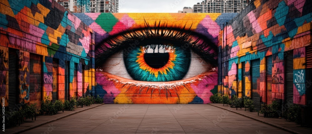 Fototapeta premium Colorful mural featuring a large eye in a vibrant alley with detailed graffiti art