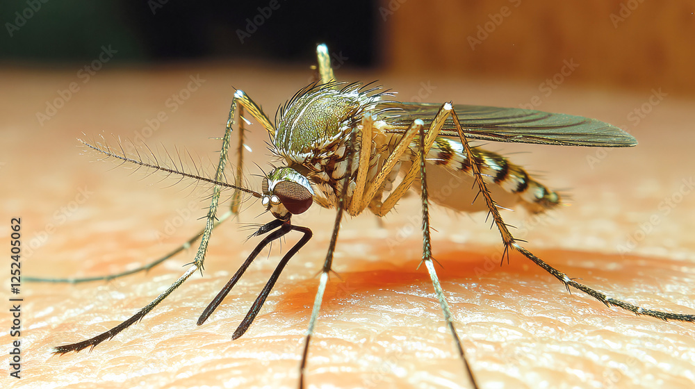Close-up of a mosquito resting on skin with sunlit background. The image captures intricate details of the insect against a soft surface. Close-up of a mosquito resting on skin with sunlit background. The image captures intricate details of the insect against a soft surface.
