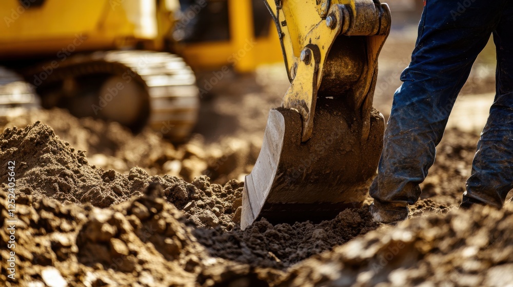 Fototapeta premium A close-up of a construction worker operating heavy machinery to excavate soil for a commercial building basement, Commercial building excavation scene, Earthmoving operation style