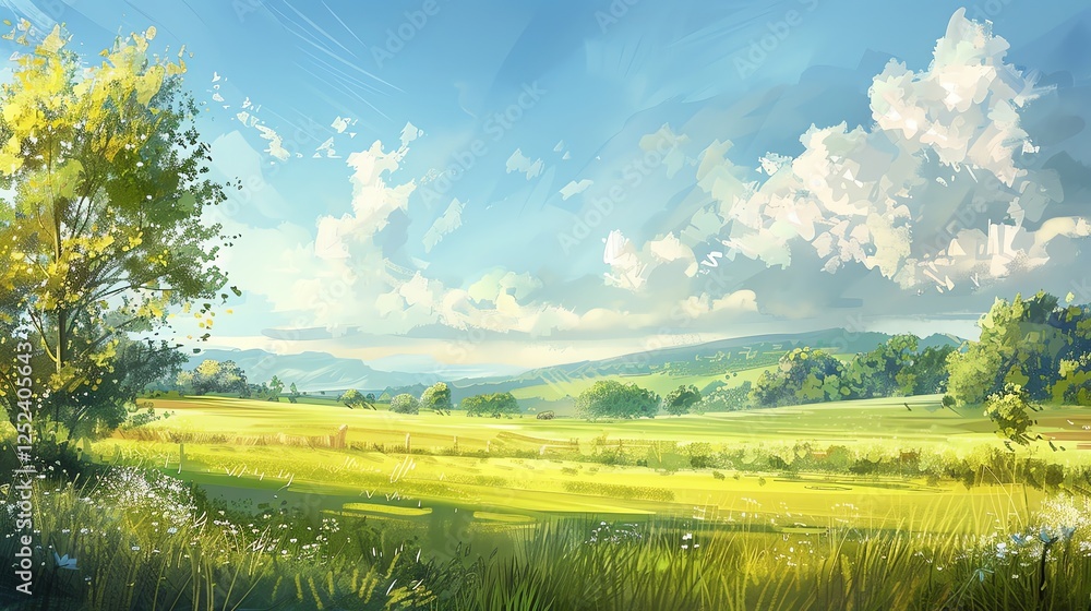 Naklejka premium A painting of a path winding through a field with a forest and mountains in the background.
