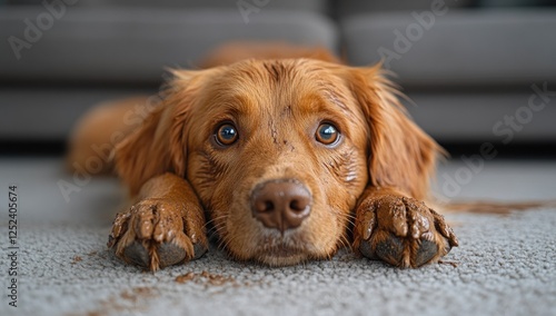 Muddy dog making a mess on the carpet and living room restoring hygiene through pet cleanup and stain removal