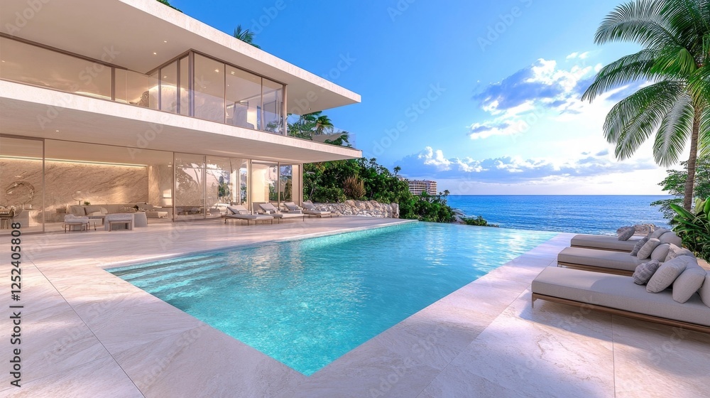 Fototapeta premium Modern Luxury Villa with Pool Overlooking the Ocean on Isolated White Background. Generative AI