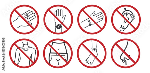 Bundle prohibitin sign, do not wear jewel, ring, watch, bracelet, piercings, necklace, for safety and security label