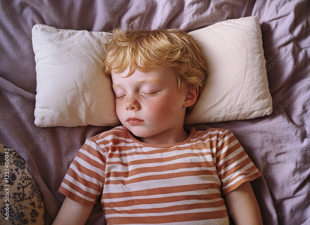 Photograph of a toddler sleeping in a bed, wearing a striped t-shirt, with a white pillow and a light purple blanket. The child has short blond hair. Photograph of a toddler sleeping in a bed, wearing a striped t-shirt, with a white pillow and a light purple blanket. The child has short blond hair.