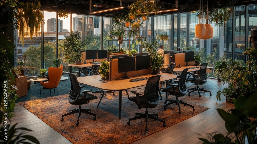 Fototapeta premium Modern office workspace with plants and natural light in cityscape