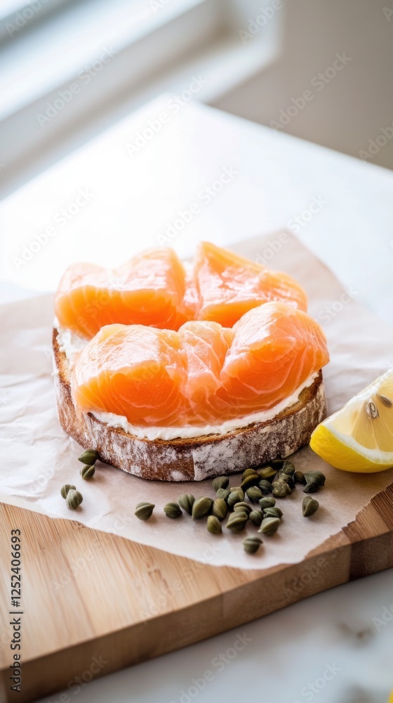Crisp toast with cream cheese, salmon, capers, and lemon wedge Crisp toast with cream cheese, salmon, capers, and lemon wedge