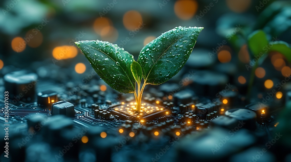 A close-up of a delicate sprout growing from an electronic chip with glowing pathways A close-up of a delicate sprout growing from an electronic chip with glowing pathways