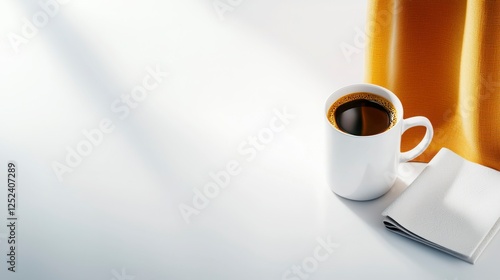 Coffee Cup on Table with Yellow Curtain and Notepad Accents