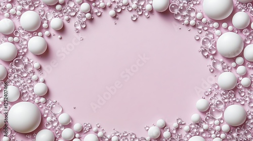 White spheres and translucent bubbles on pink background