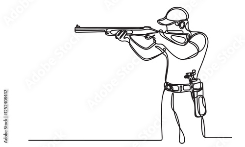 One continuous single drawing black line art doodle of shooter is shooting sport outline vector illustration on white background